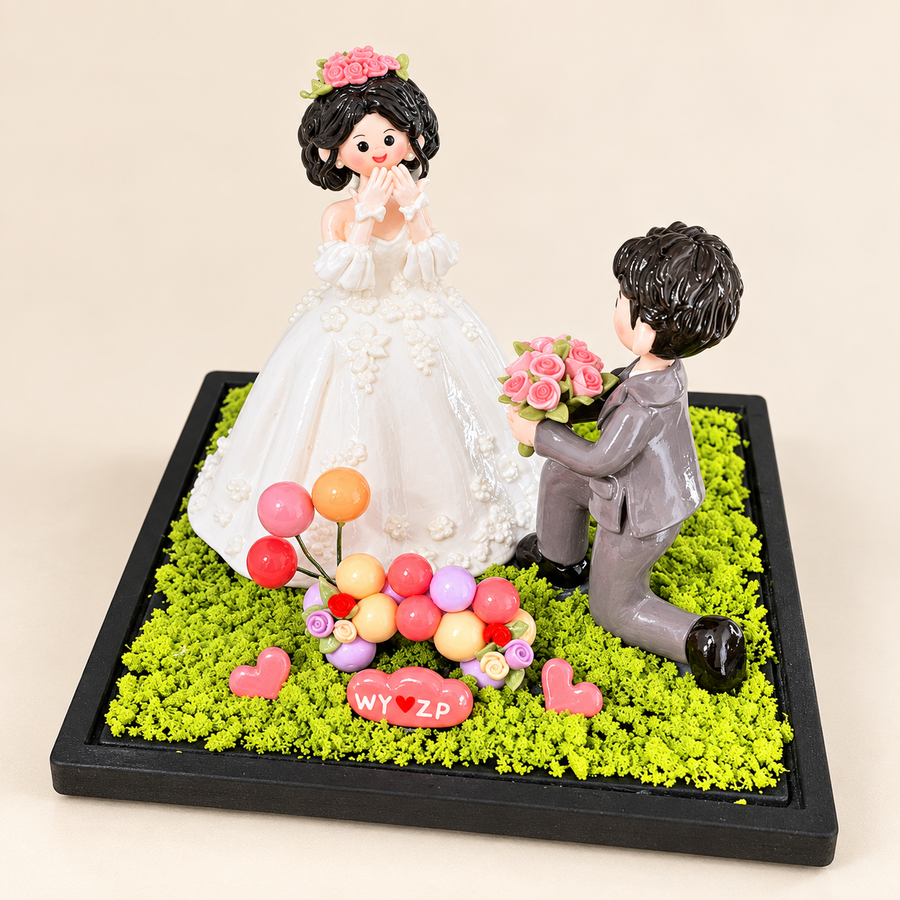 Custom couple clay figurines in a proposal scene with flowers — design example