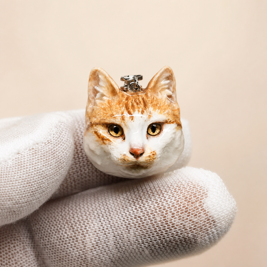 Custom orange and white cat clay necklace pendant, front view