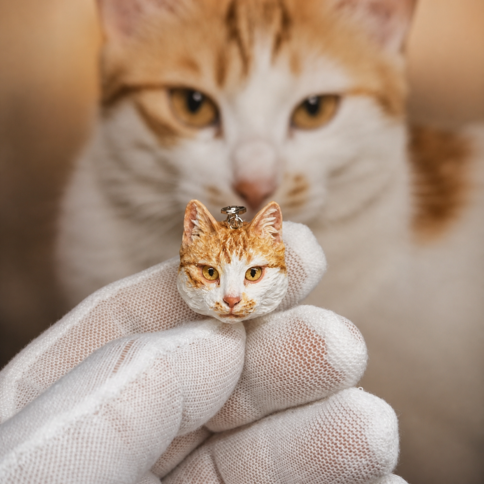Handmade custom cat clay pendant shown with pet photo reference