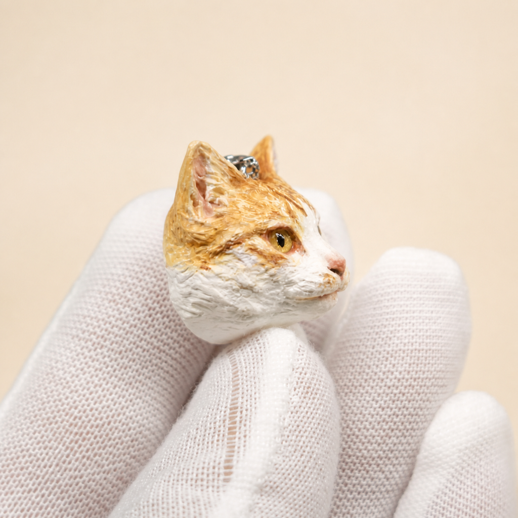Custom orange and white cat clay necklace pendant, side profile