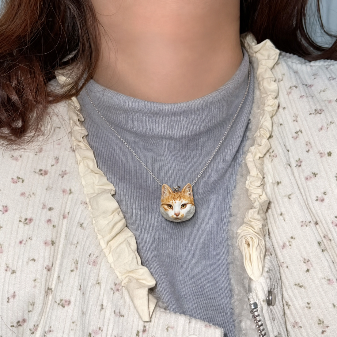 Custom pet portrait clay necklace worn naturally