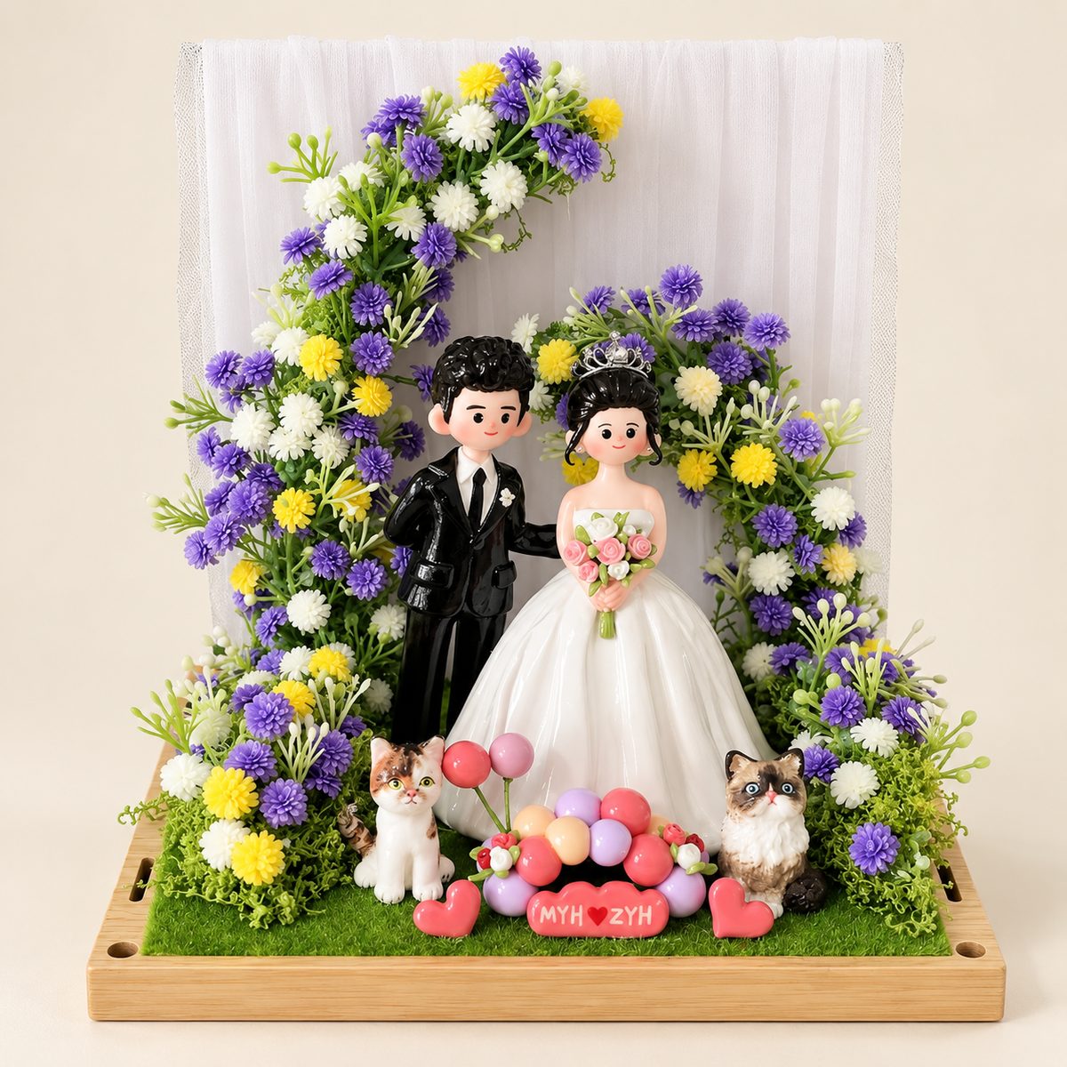 Custom wedding couple clay figurines with a purple floral wedding scene and two cats — design example