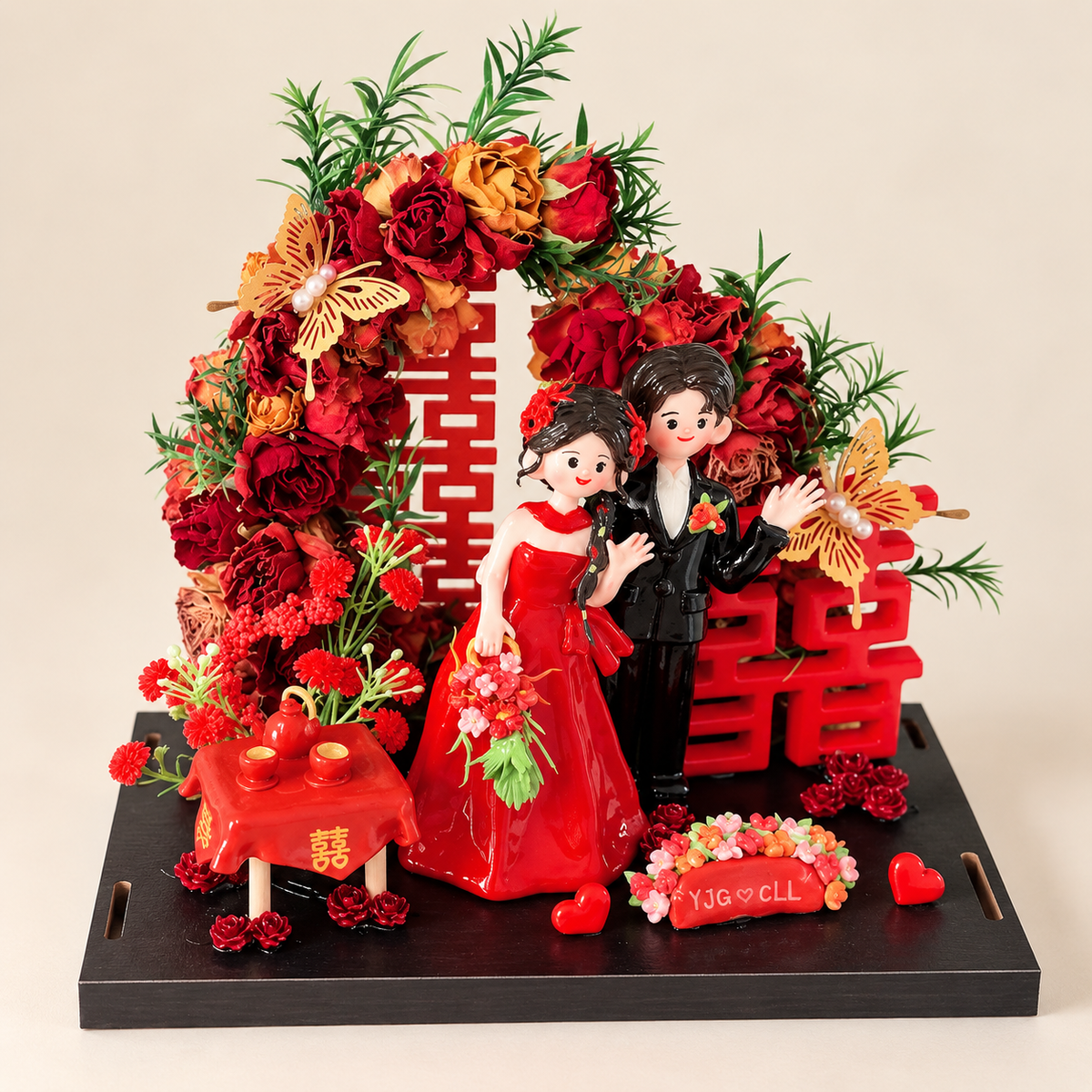 Custom couple clay figurines in a red Chinese wedding scene — design example