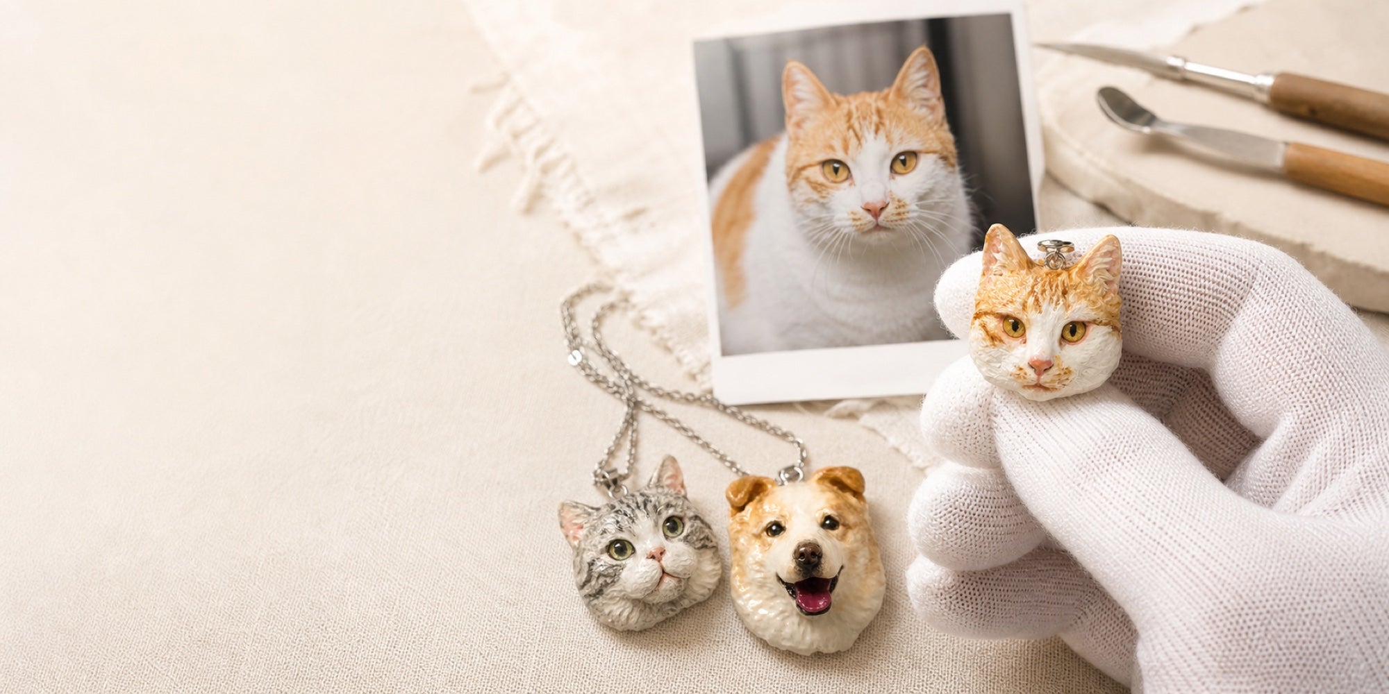 Handmade custom cat and dog clay portrait necklaces